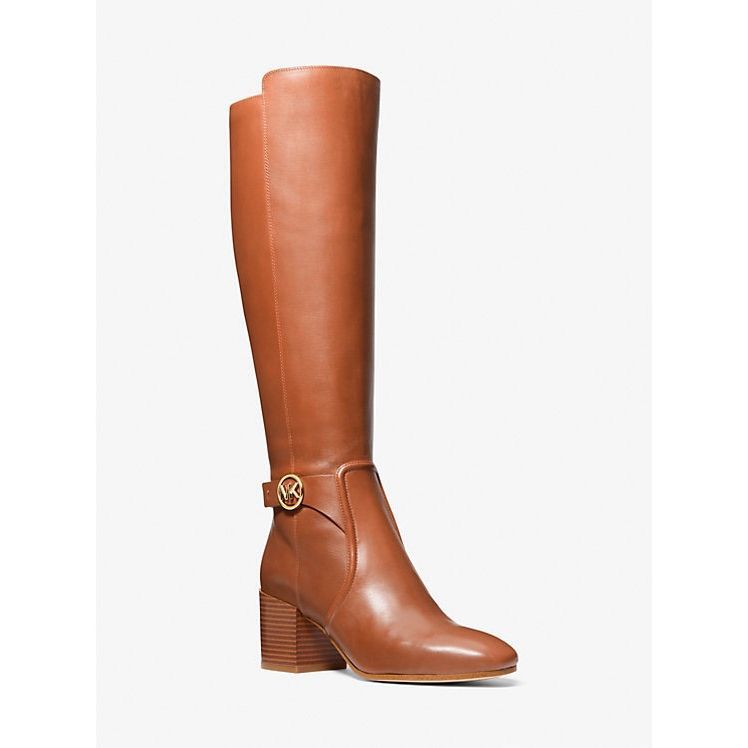 Michael Kors Side Zip Logo Buckle Carmen Leather Tall Riding Boots Luggage Sz 7m